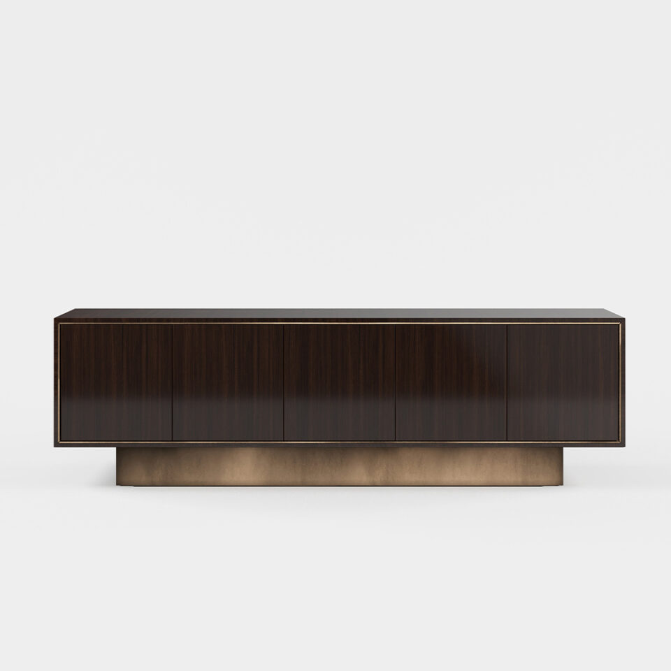 A five door sideboard finished in high gloss dark tinted walnut and a antiqued brushed brass plinth. Design by DAVIDSON London