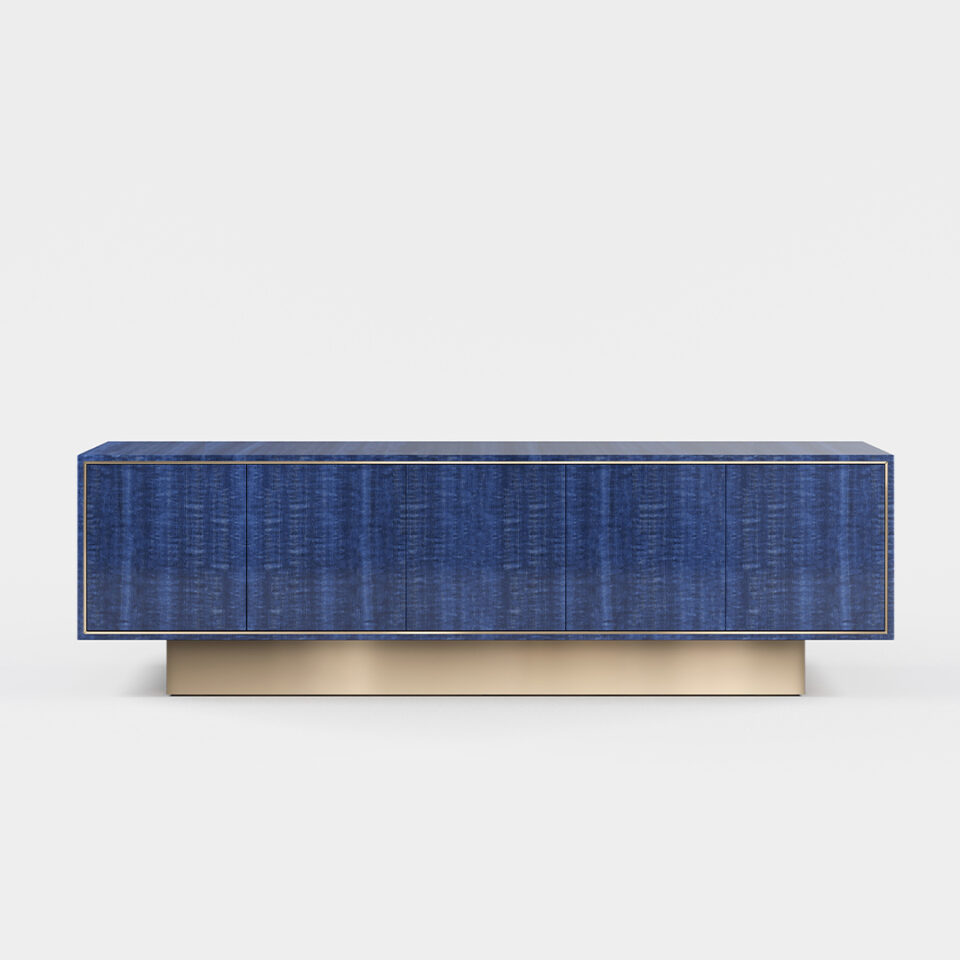 A five door sideboard finished in high gloss figured blue eucalyptus with a polished brushed brass plinth. Design by DAVIDSON London