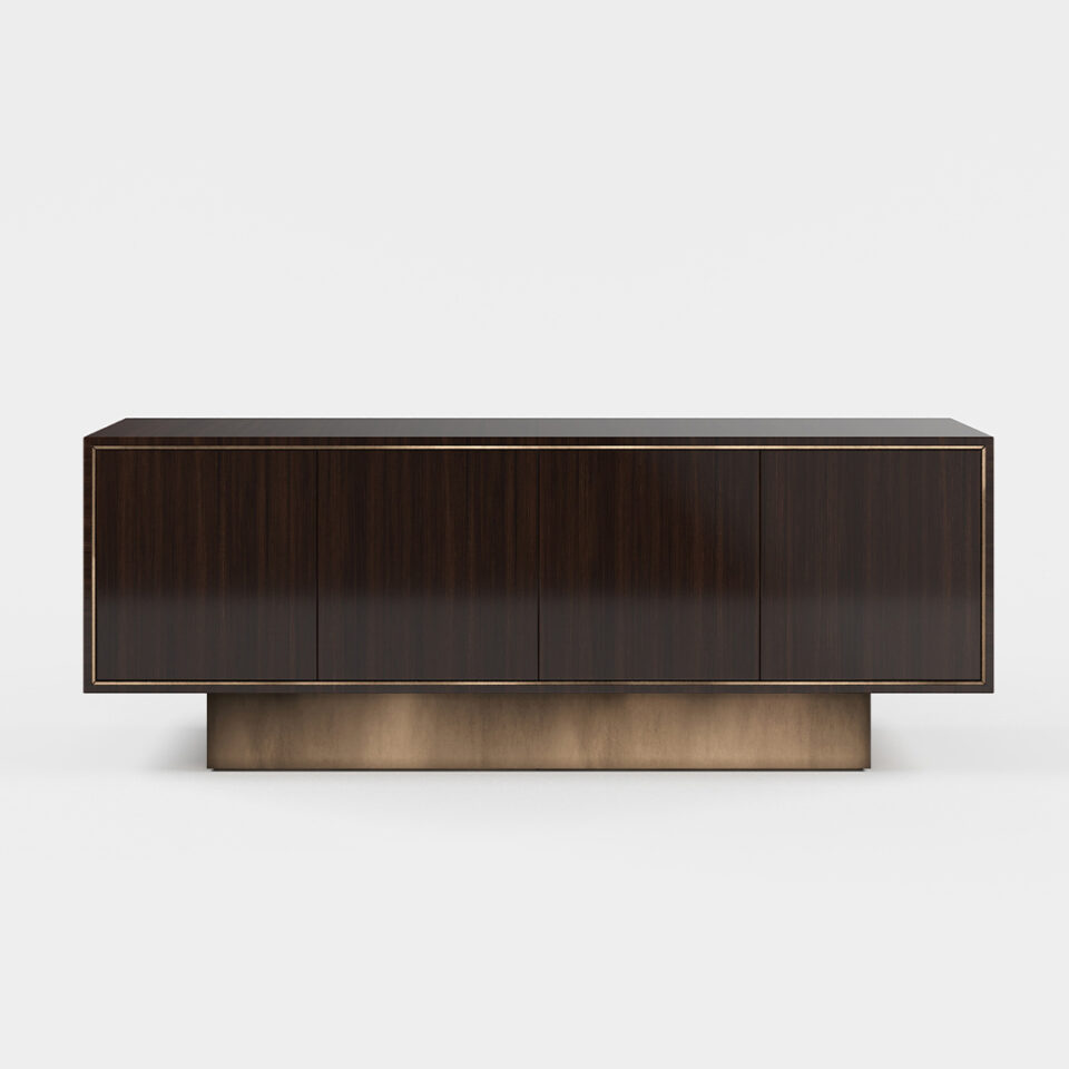 A four door sideboard finished in high gloss dark tinted walnut with an antiqued brushed brass plinth. Design by DAVIDSON London