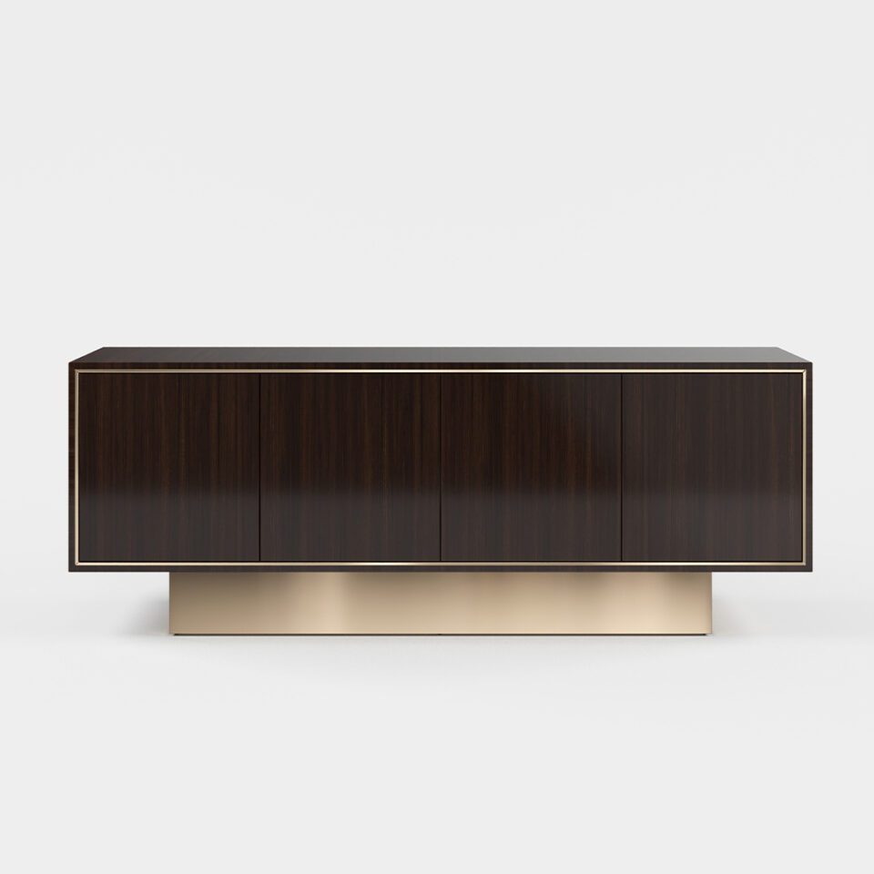 A four door sideboard finished in high gloss figured blue eucalyptus with a polished brass plinth. Design by DAVIDSON London