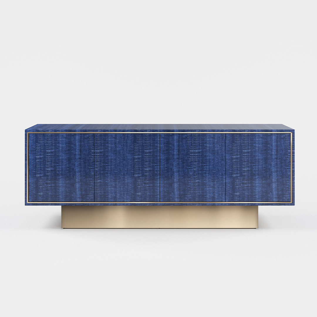 A four door sideboard finished in high gloss figured blue eucalyptus with a polished brass plinth. Design by DAVIDSON London
