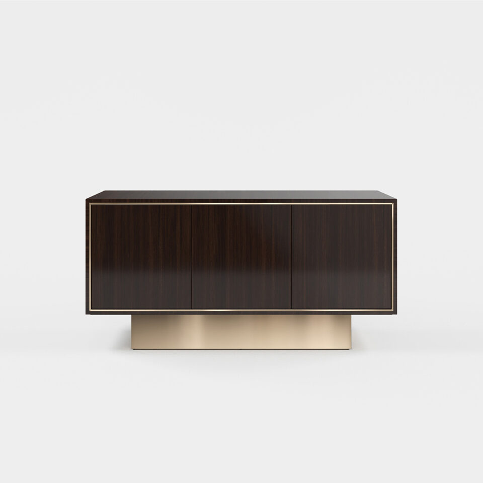 A three door sideboard finished in high gloss figured blue eucalyptus with a polished brass plinth. Design by DAVIDSON London