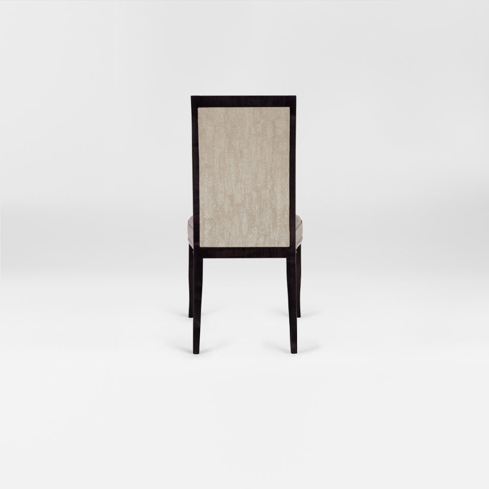 A luxury DAVIDSON London Dining chair with a tall back. Upholstered in a soft champagne metallic fabric with satin tinted beech legs. Back view.