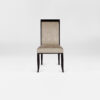 A luxury DAVIDSON London Dining chair with a tall back. Upholstered in a soft champagne metallic fabric with satin tinted beech legs. Front view.