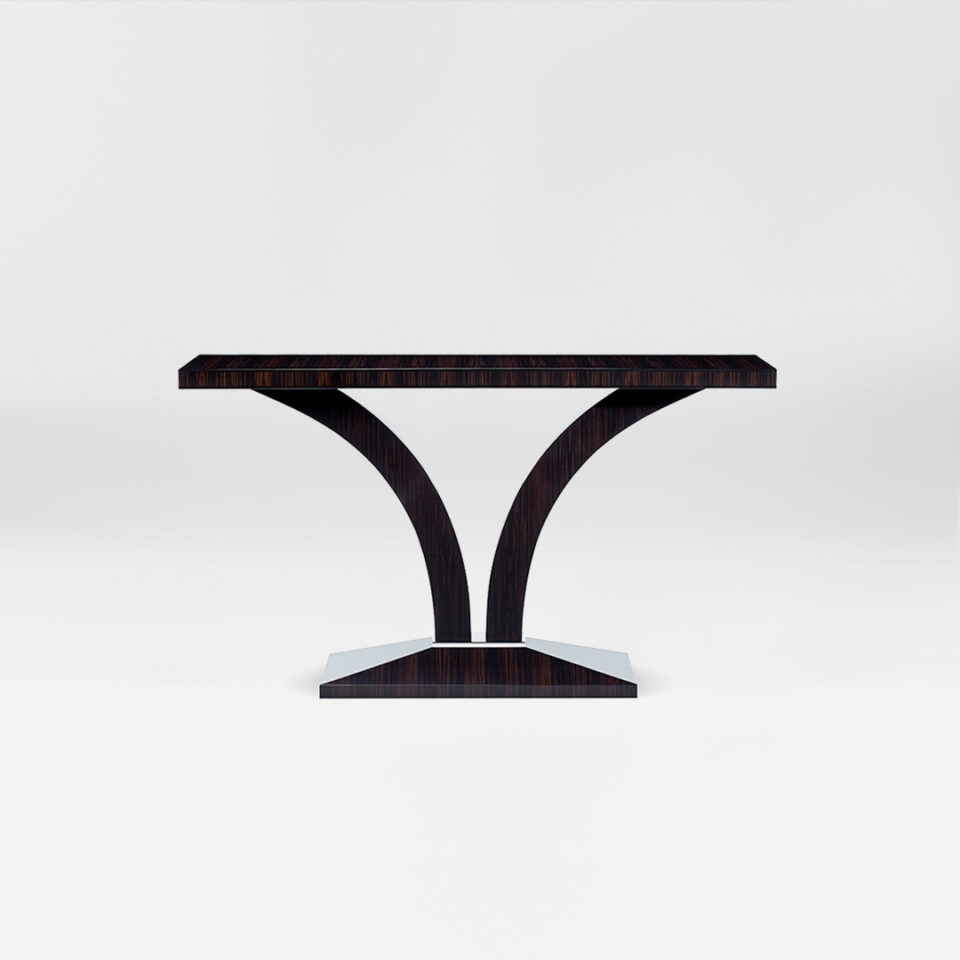 A versatile console table of effortless elegance, finished in in a high gloss dark tinted macassar ebony with a glamorous polished nickel collar to the pedestal. Design by DAVIDSON London.