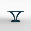 A versatile console table of effortless elegance, finished in in a high gloss figured blue eucalyptus with a glamorous brushed brass collar to the pedestal. Design by DAVIDSON London.