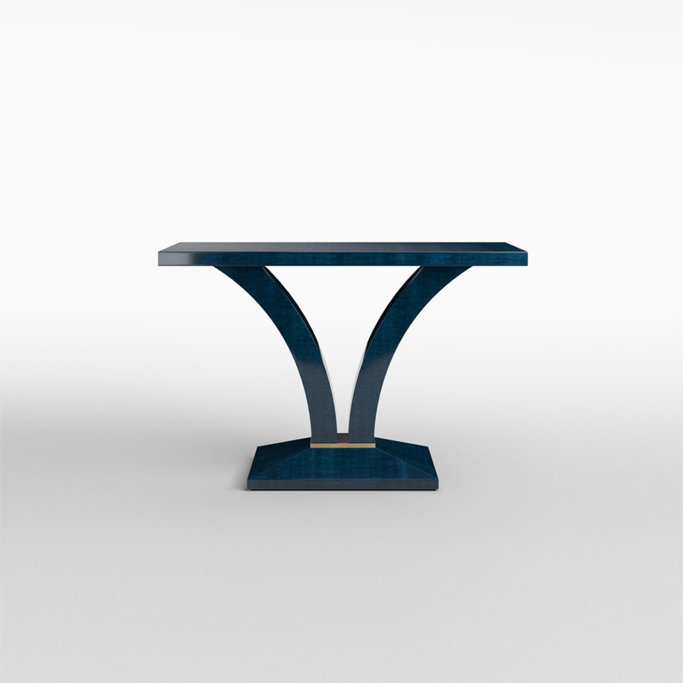 A versatile console table of effortless elegance, finished in in a high gloss figured blue eucalyptus with a glamorous brushed brass collar to the pedestal. Design by DAVIDSON London.
