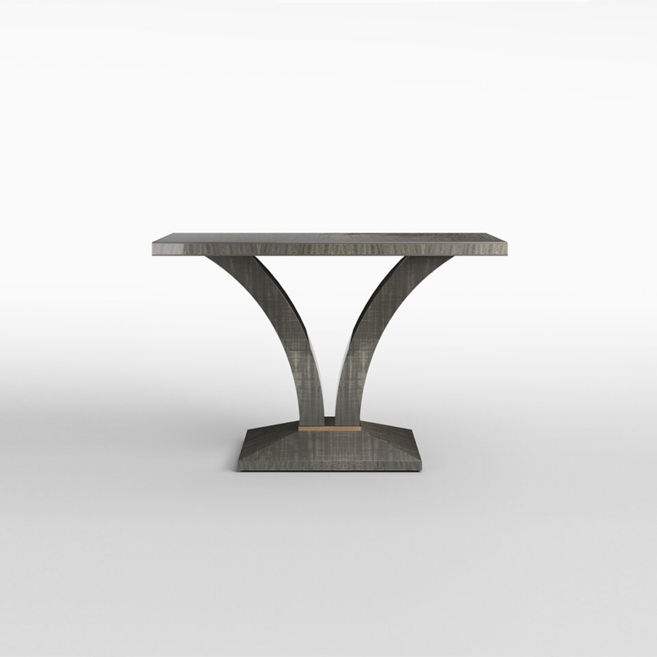 A versatile console table of effortless elegance, finished in in a high gloss pebble grey anegre with a glamorous brushed brass collar to the pedestal. Design by DAVIDSON London.