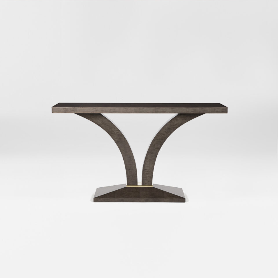 A versatile console table of effortless elegance, finished in in a high gloss sycamore dusk with a glamorous polished brass collar to the pedestal. Design by DAVIDSON London.
