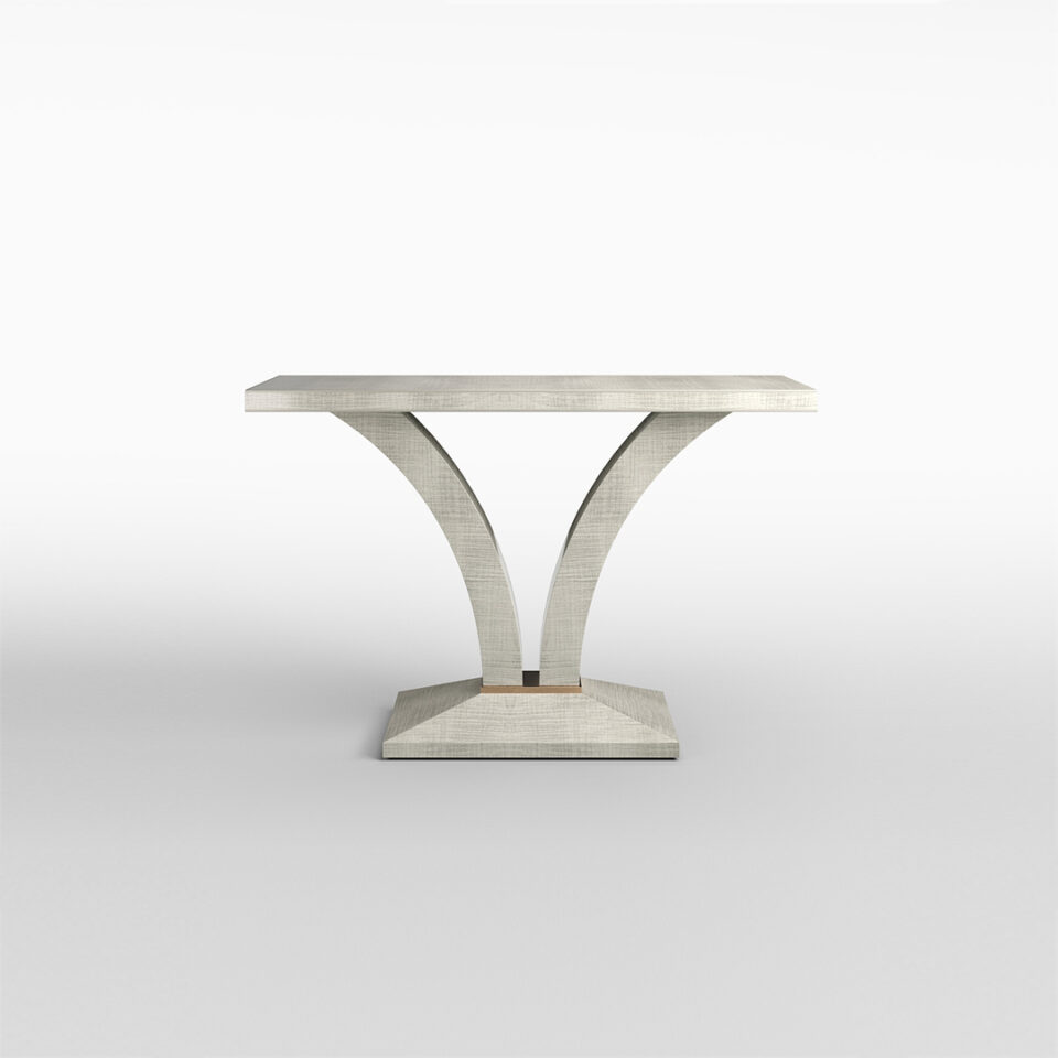 A versatile console table of effortless elegance, finished in in a high gloss sycamore pearl with a glamorous brushed brass collar to the pedestal. Design by DAVIDSON London.