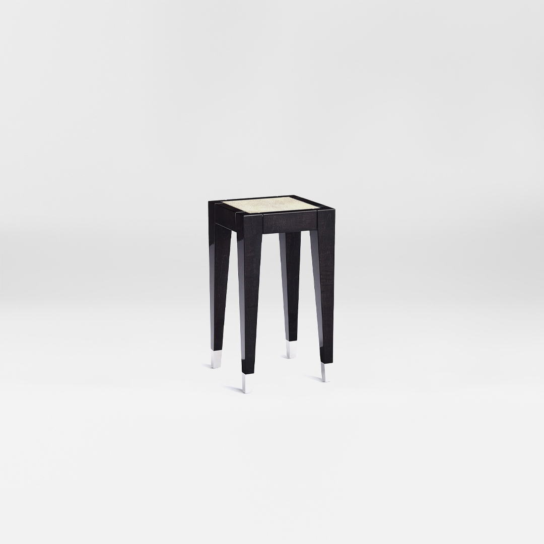 A smart occasional table finished in a high gloss sycamore black with a soft shagreen top. Small. Design by DAVIDSON London.