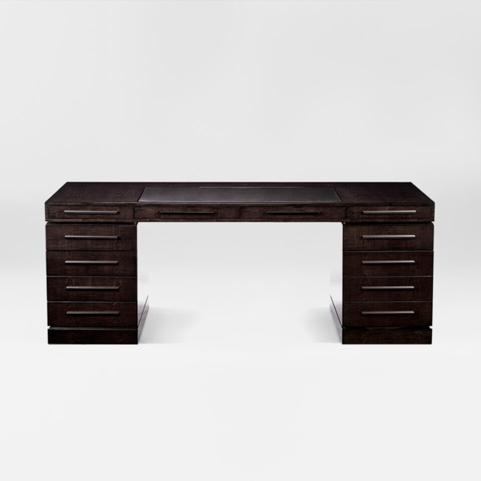 A smart, sleek desk finished in an exquisite sycamore black with ebonised rectilinear handles. Design by DAVIDSON London