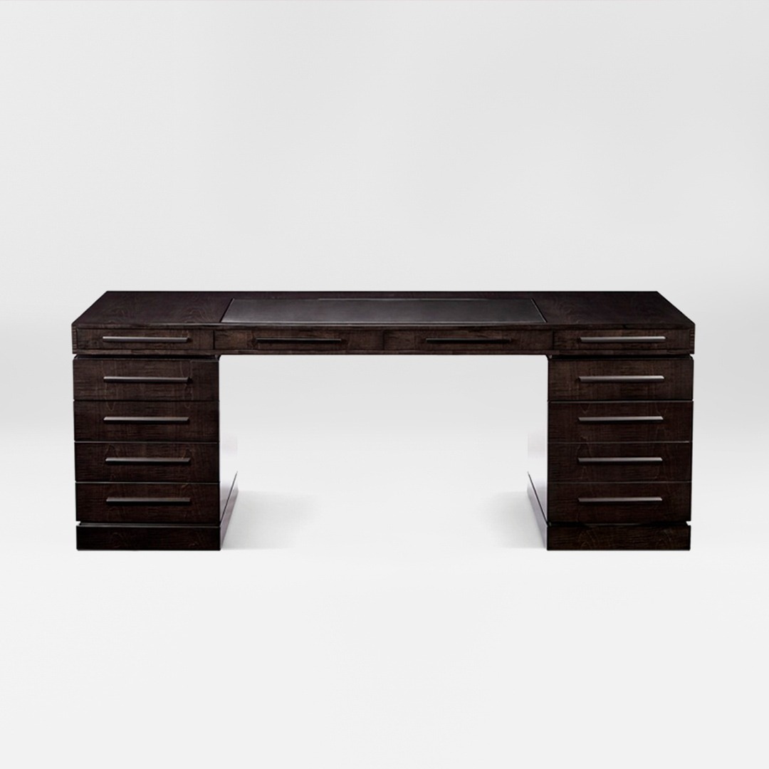 A smart, sleek desk finished in an exquisite sycamore black with ebonised rectilinear handles. Design by DAVIDSON London