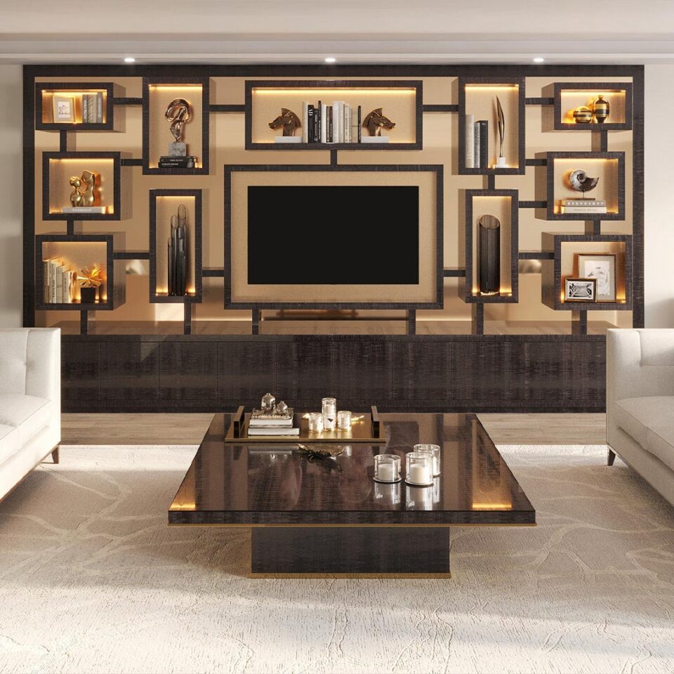 A sleek and sophisticated media unit that embodies sophisticated living, decorative storage shelves are backlit with
warm LED lights to exhibit your collection of art and treasured objects. The unit has an integrated space for a large
television and concealed cabling, while low-level storage cabinets with a single shelf facilitate an abundance of storage.