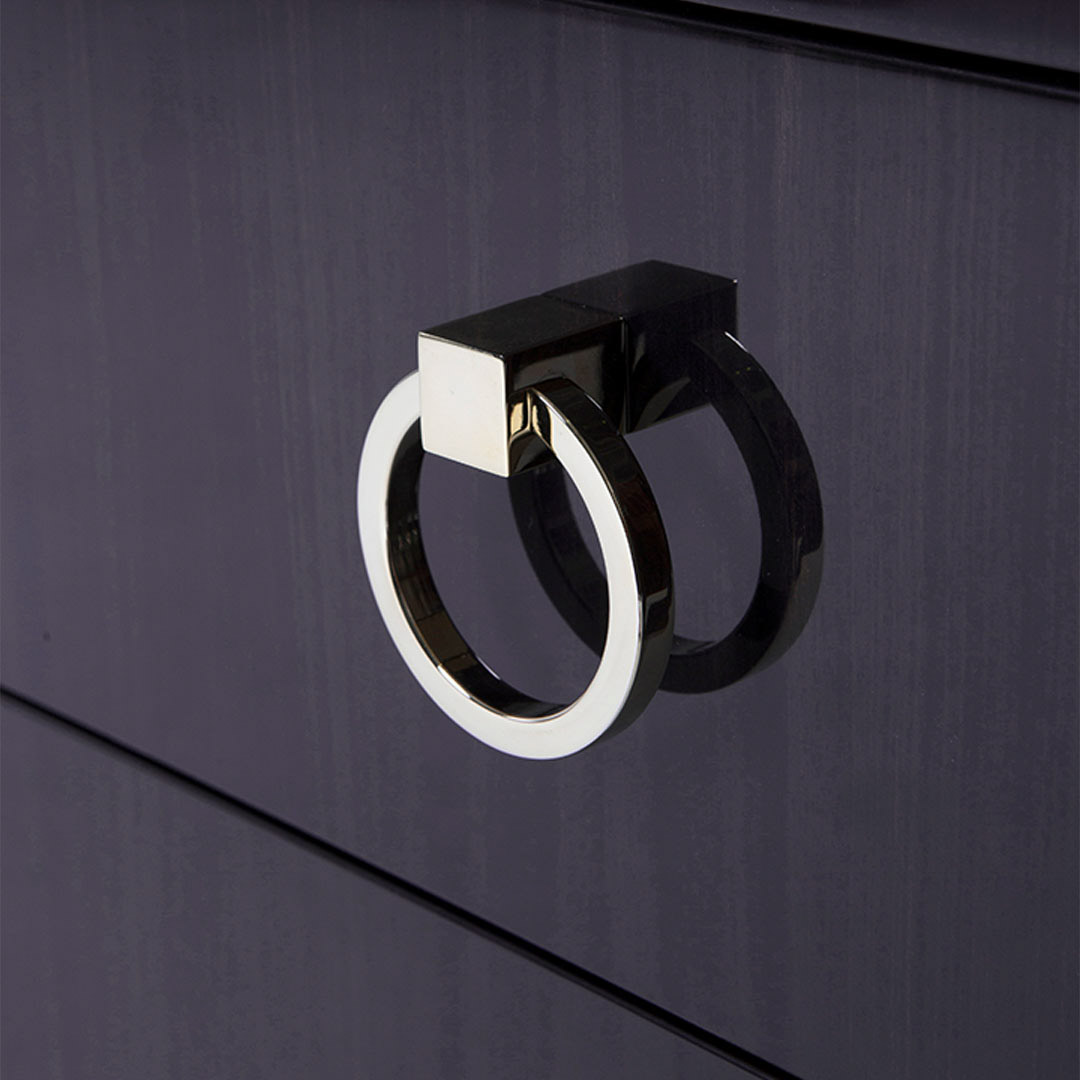 The Hatfield Bedside chest in high gloss sycamore black with glamorous round drop handles in a polished nickel