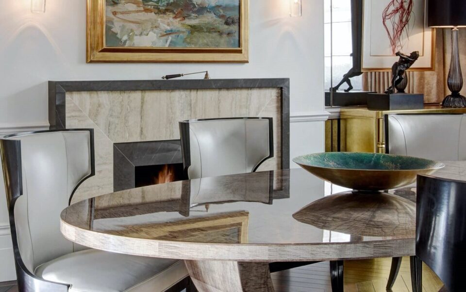 High Gloss sycamore dusk Ovington dining table. Interior design by Janine Stone