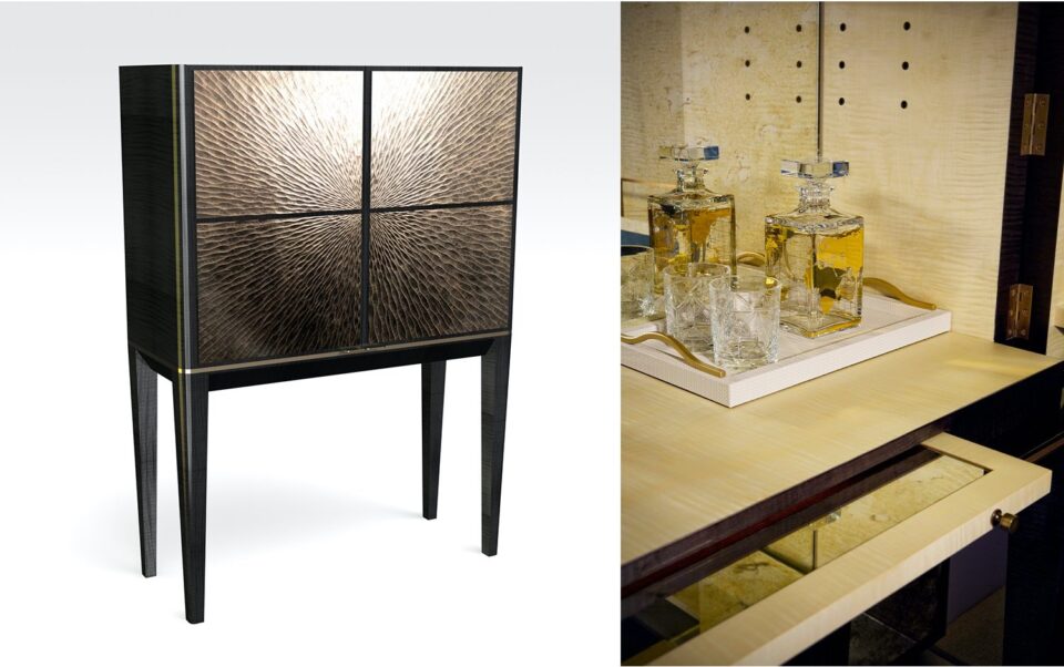 The Galaxy Drinks Cabinet in high gloss sycamore black with bronze doors
