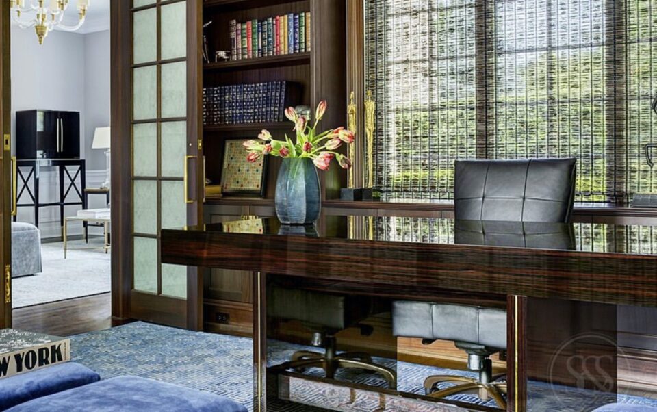 A home office design by Smiros and Smiros featuring a Mortimer Desk by Davidson