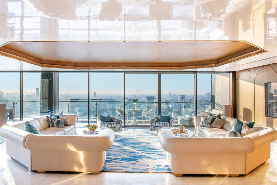 The Living Area in this luxury Penthouse overlooking the Bangkok skyline.