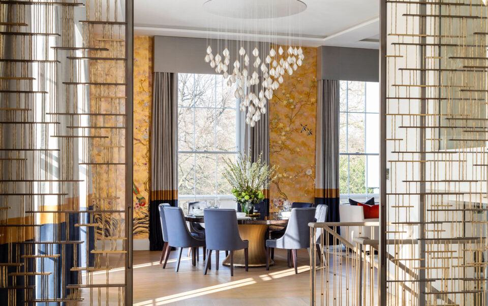 Spring Trends | The Rosebery Dining Table finished in sycamore dusk with a gilded moon gold leaf base