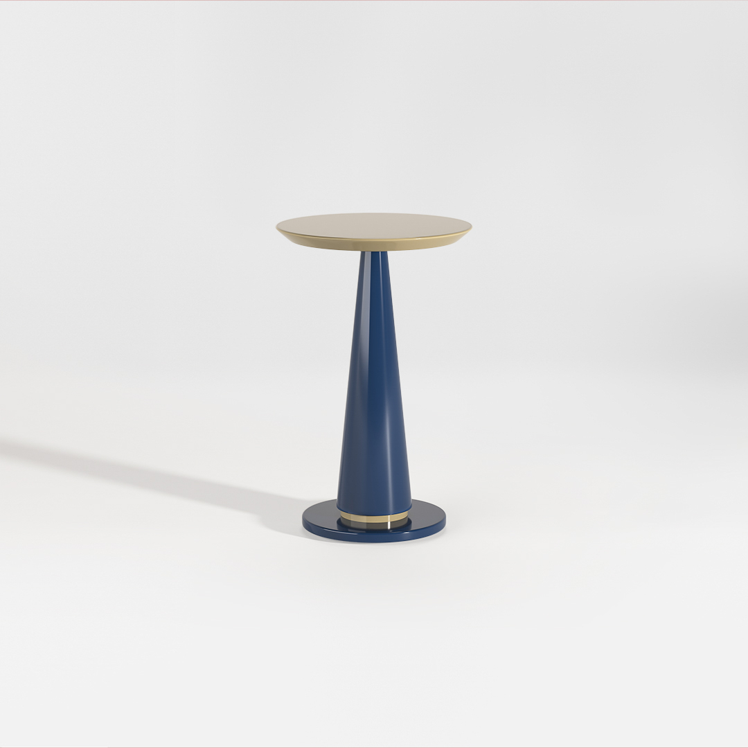 The Wanderlust Cocktail table by Davidson London. Finshed with an Alska Blue base and a muted Strausbourg top