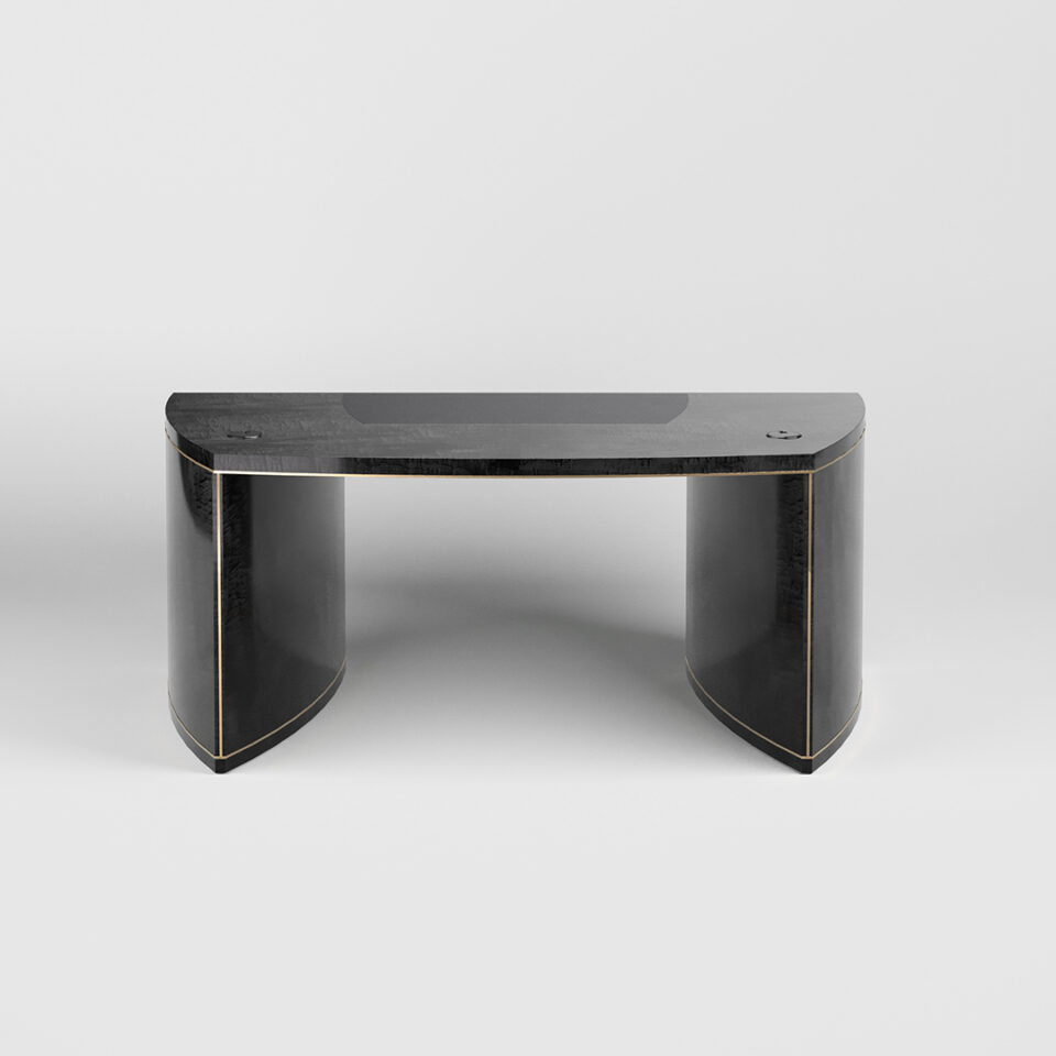 View of the back of the Rivington Desk in sycamore black. Design by Davidson London