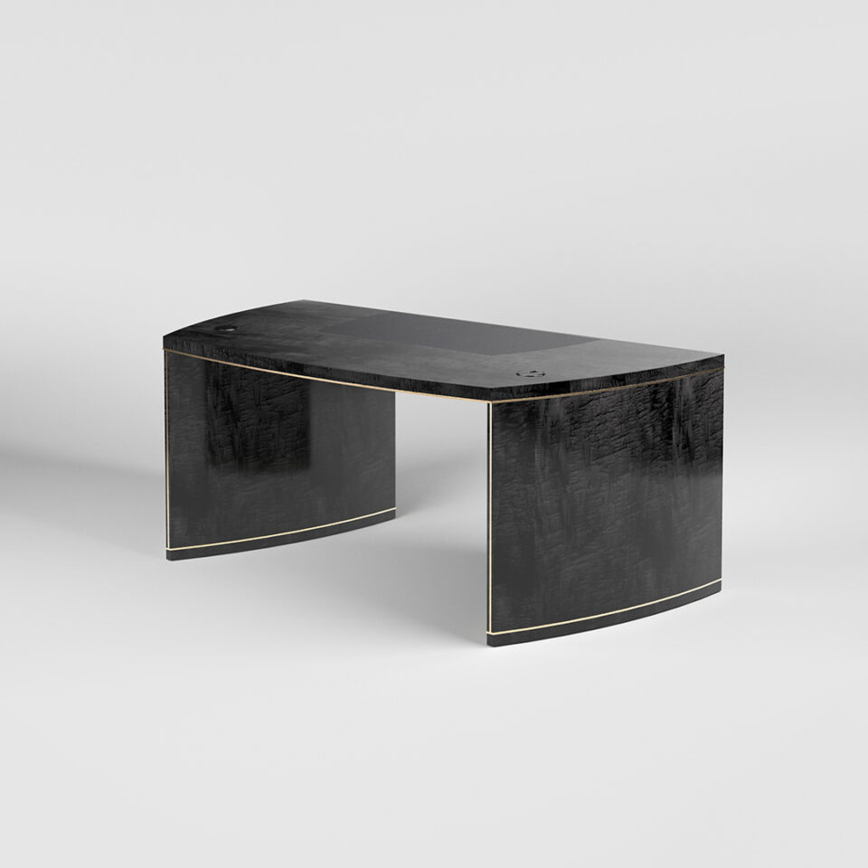View of the back of the Rivington Desk in sycamore black. Design by Davidson London