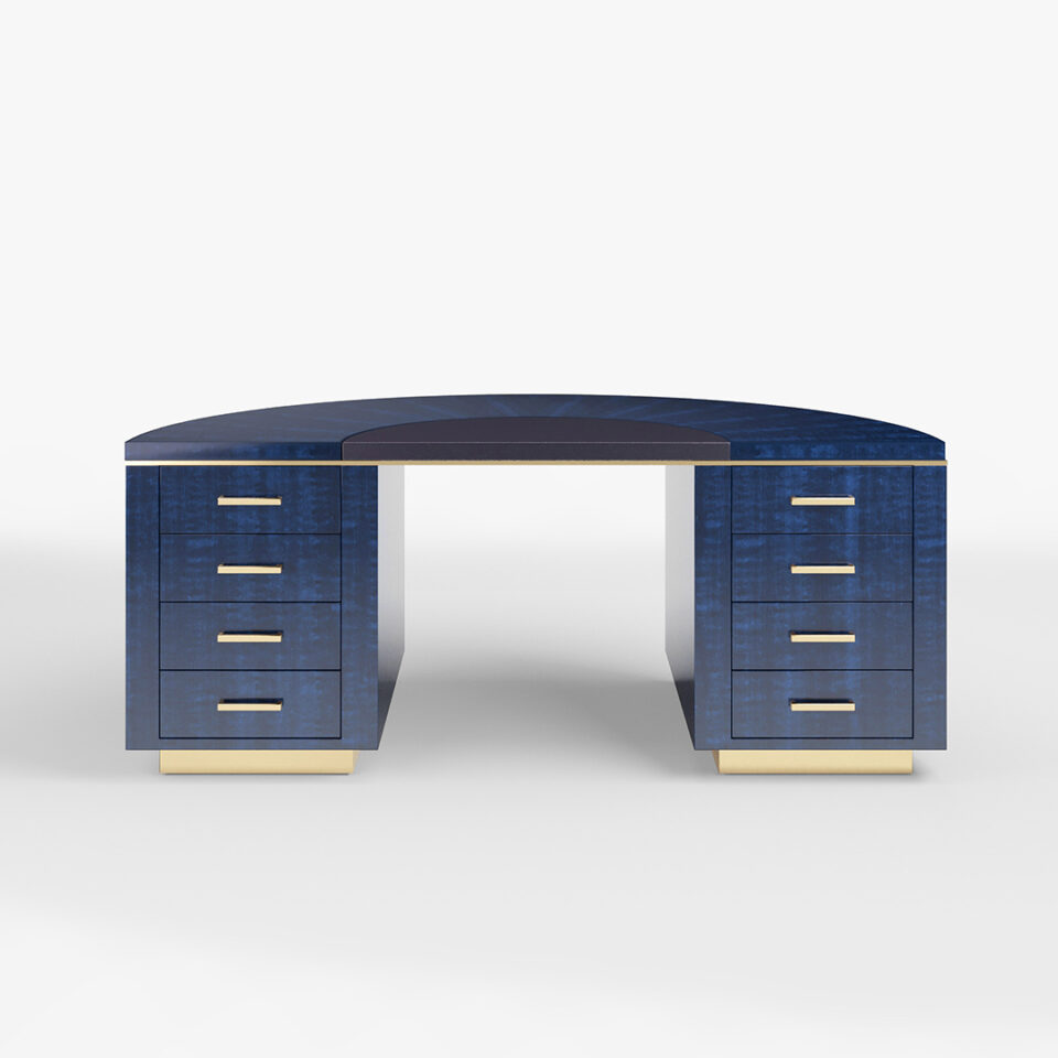 Taking its cues from the iconic Art Deco period of the 1930s, the Lunar Desk exhibits clean and minimal lines combined with an attitude of confidence, luxury, and grace, simultaneously feeling both contemporary and classic. Finished here in a signature Davidson Figured Blue Eucalyptus