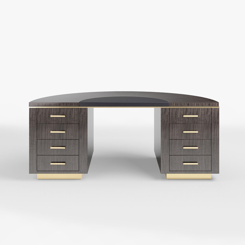Taking its cues from the iconic Art Deco period of the 1930s, the Lunar Desk exhibits clean and minimal lines combined with an attitude of confidence, luxury, and grace, simultaneously feeling both contemporary and classic. Finished here in a signature Davidson Sycamore Black.
Taking its cues from the iconic Art Deco period of the 1930s, the Lunar Desk exhibits clean and minimal lines combined with an attitude of confidence, luxury, and grace, simultaneously feeling both contemporary and classic. Finished here in a signature Davidson Pebble Grey Anegre