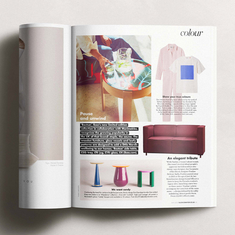 Elle Decoration May 2023 issue features the three new table additions to DAVIDSON's Wanderlust Collection.