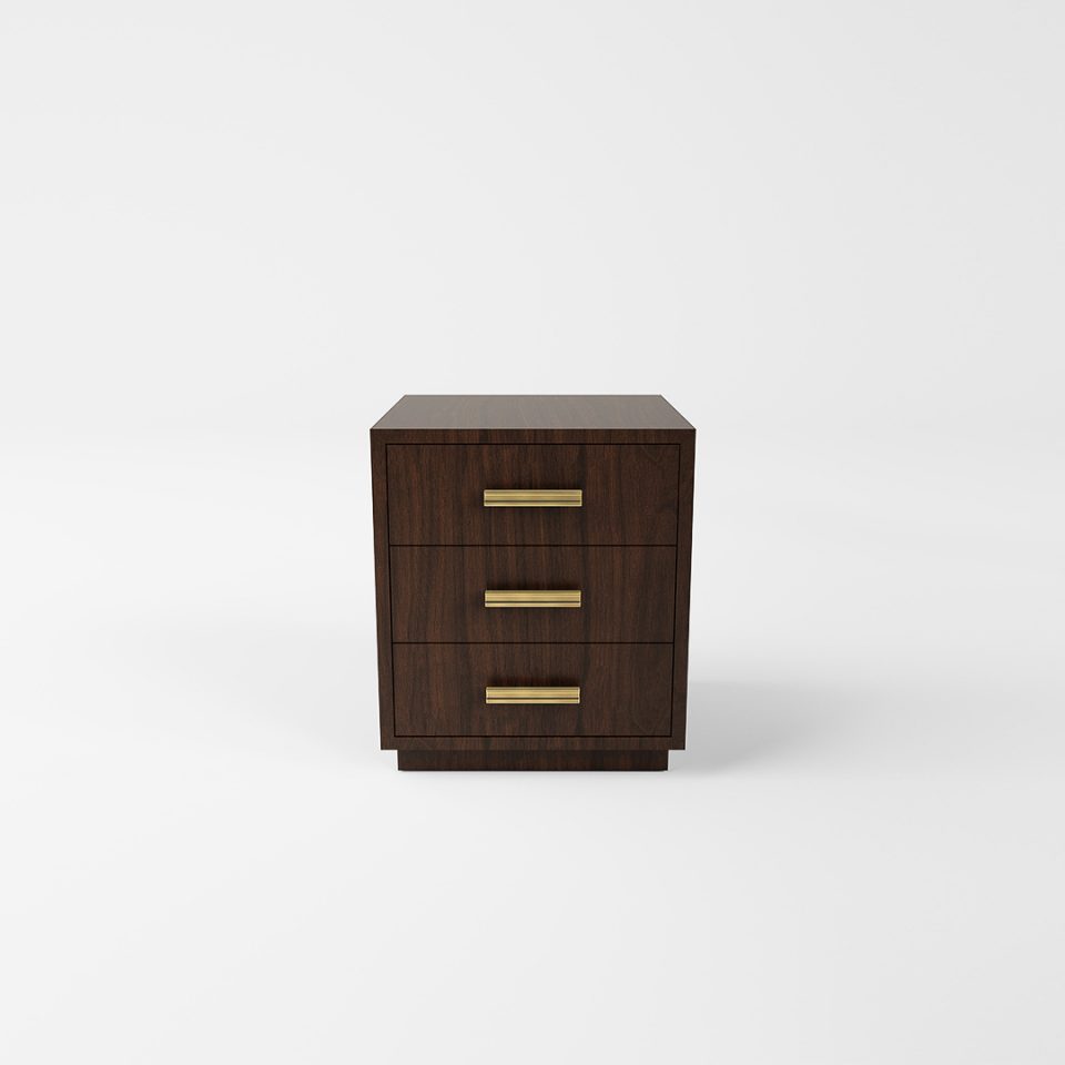 The Astoria Bedside Table by Davidson London in Dark Tinted Walnut with Brushed Brass handles.