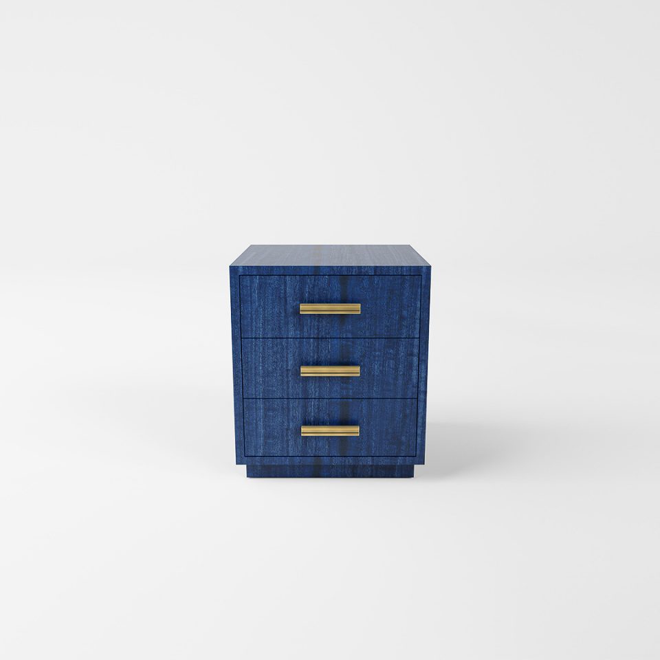 The Astoria Bedside Table by Davidson London in Figured Blue Eucalyptus with Brushed Brass handles.