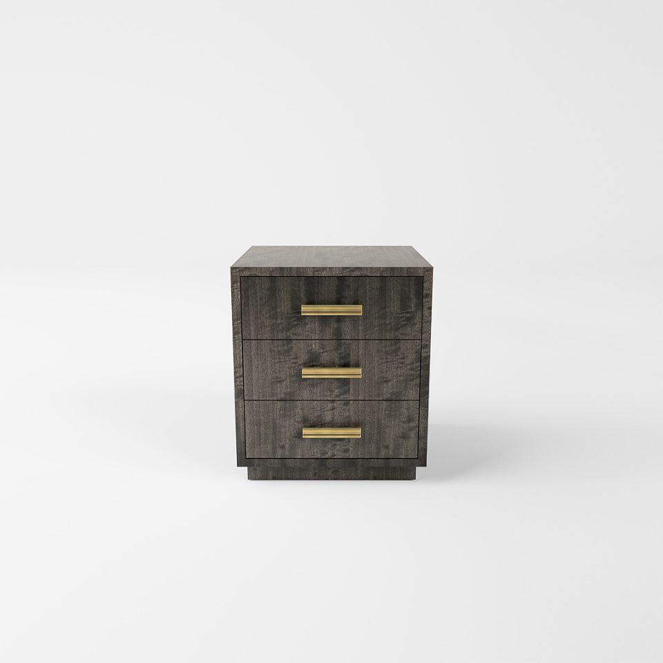 The Astoria Bedside Table by Davidson London in Pebble Grey Anegre with Brushed Brass handles.