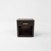 The Carnegie Bedside Table by Davidson London in Dark Tinted Oak with Brushed Brass handles.