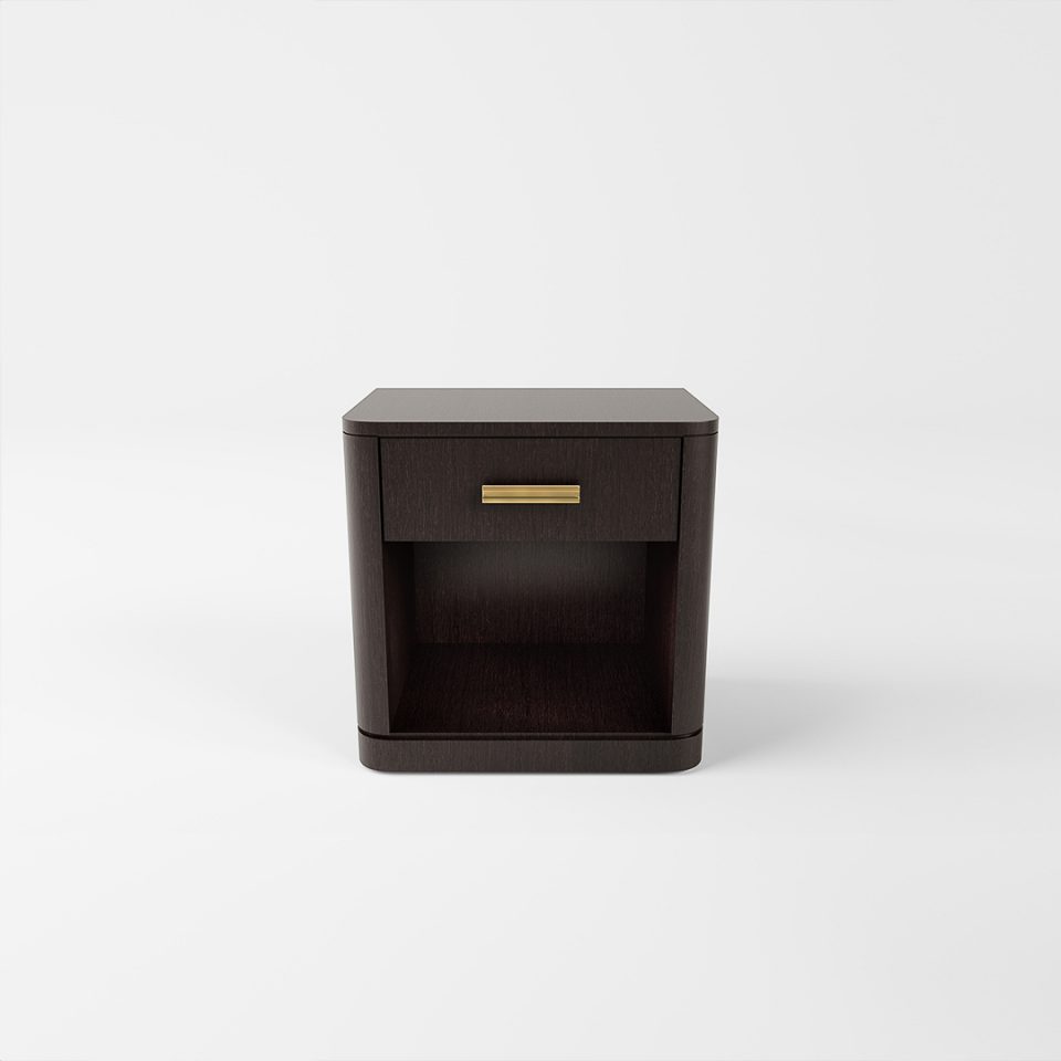 The Carnegie Bedside Table by Davidson London in Dark Tinted Oak with Brushed Brass handles.