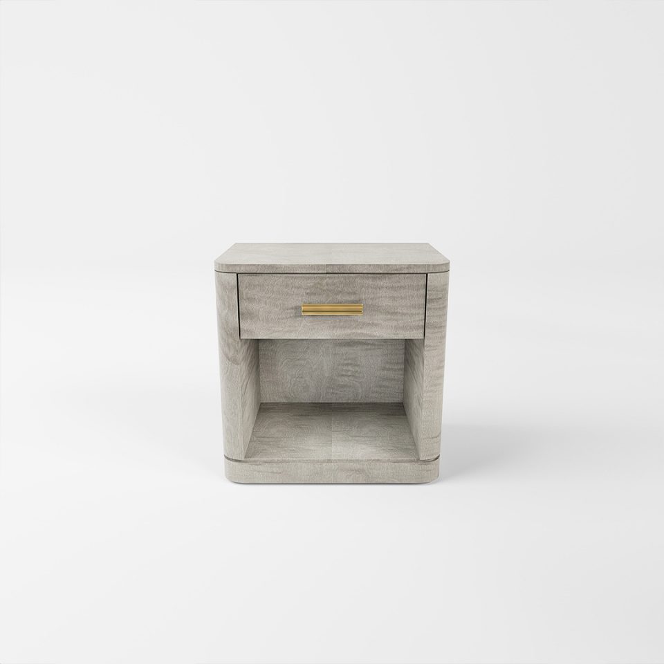 The Carnegie Bedside Table by Davidson London in Sycamore Pearl with Brushed Brass handles.