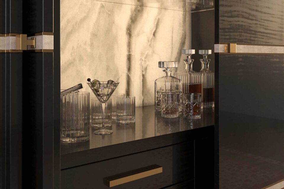 Luxury home bar drink display cabinet with cosy lighting with a glassware set.