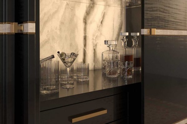 Luxury home bar drink display cabinet with cosy lighting with a glassware set.