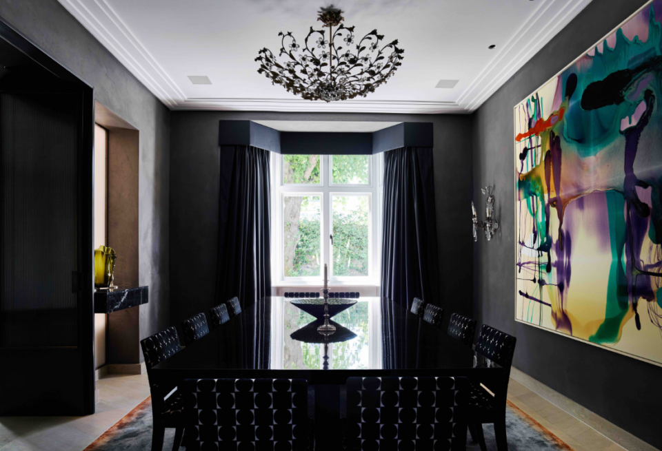 Modern luxury black interior design of a dining table set.