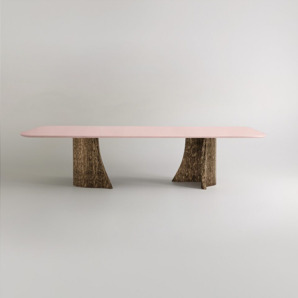 DavidsonLondon_TheMiamiDiningTable_BlushPinkLacquerRippledWater_FrontOn_LuxuryBronzeDiningTable