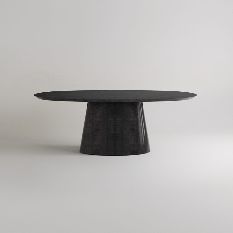 luxury black oval dining table front view on a grey background