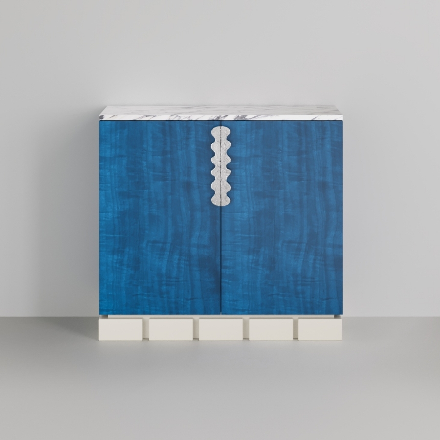 front on image of a blue luxury sideboard and buffet on a grey background