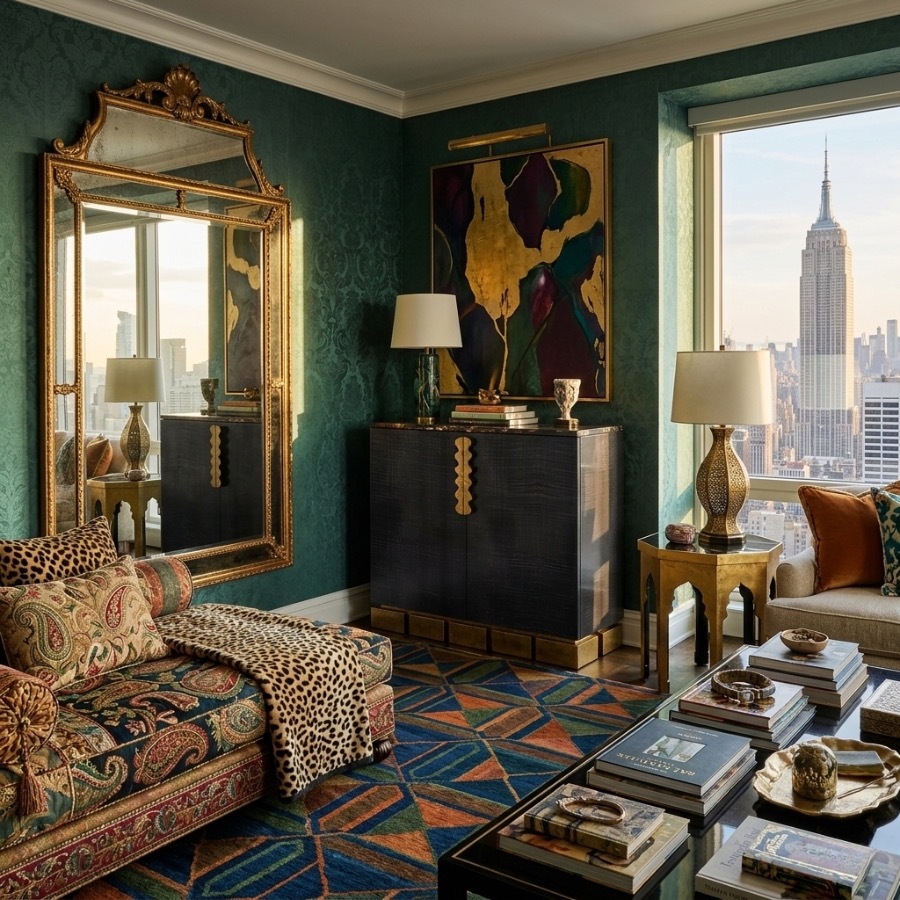 a luxurious eclectic, maximalist New York apartment featuring a black luxury sideboard and buffet in the centre