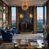 a luxurious eclectic, maximalist New York apartment featuring a black luxury sideboard and buffet in the centre