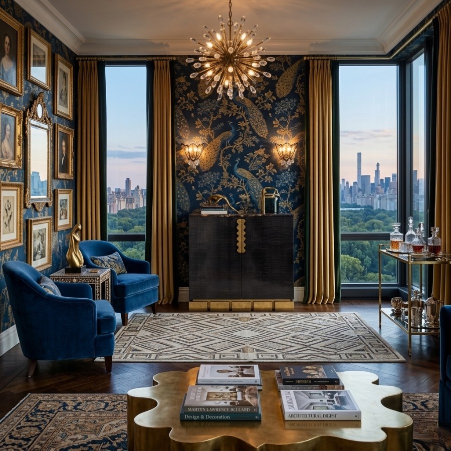 a luxurious eclectic, maximalist New York apartment featuring a black luxury sideboard and buffet in the centre