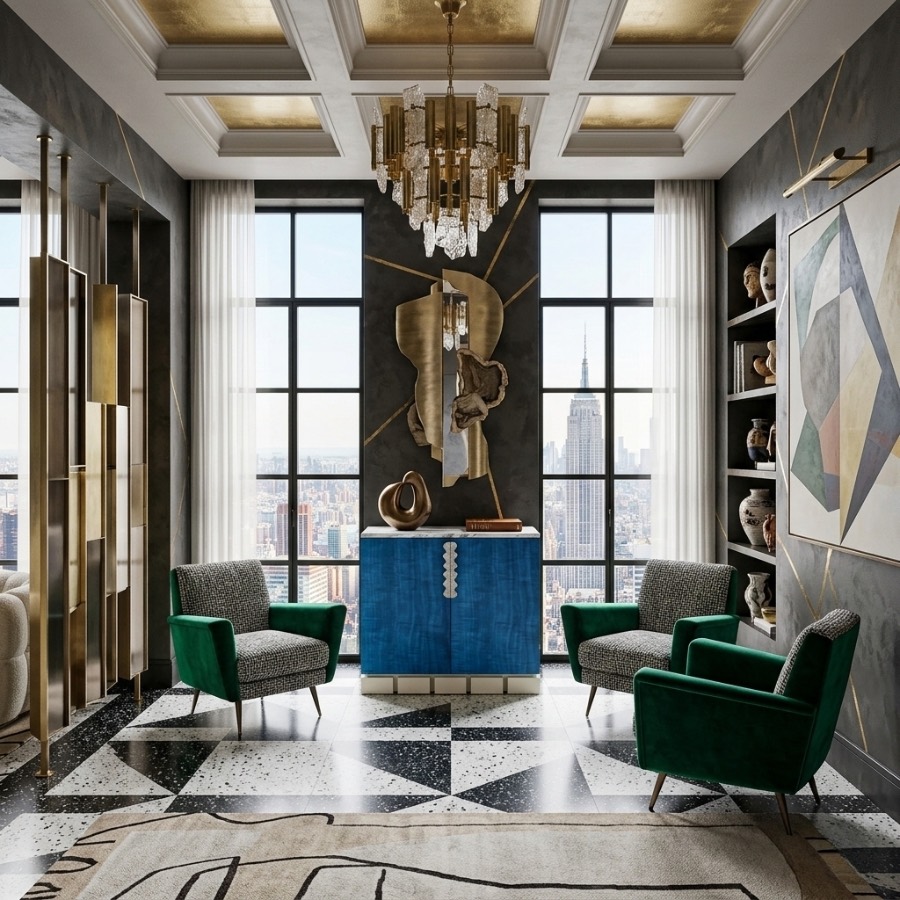 a glamorous eclectic New York apartment featuring a a blue luxury sideboard and buffet in the centre