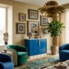 a wall section of a warm and ecliptic luxury living room highlighting a blue luxury sideboard and buffet in teh centre