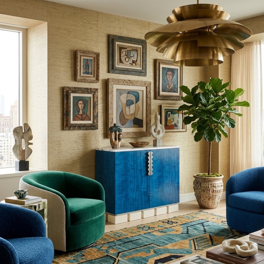 a wall section of a warm and ecliptic luxury living room highlighting a blue luxury sideboard and buffet in teh centre