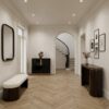 a beautiful monochrome entrance hall featuring a black luxury sideboard and buffet