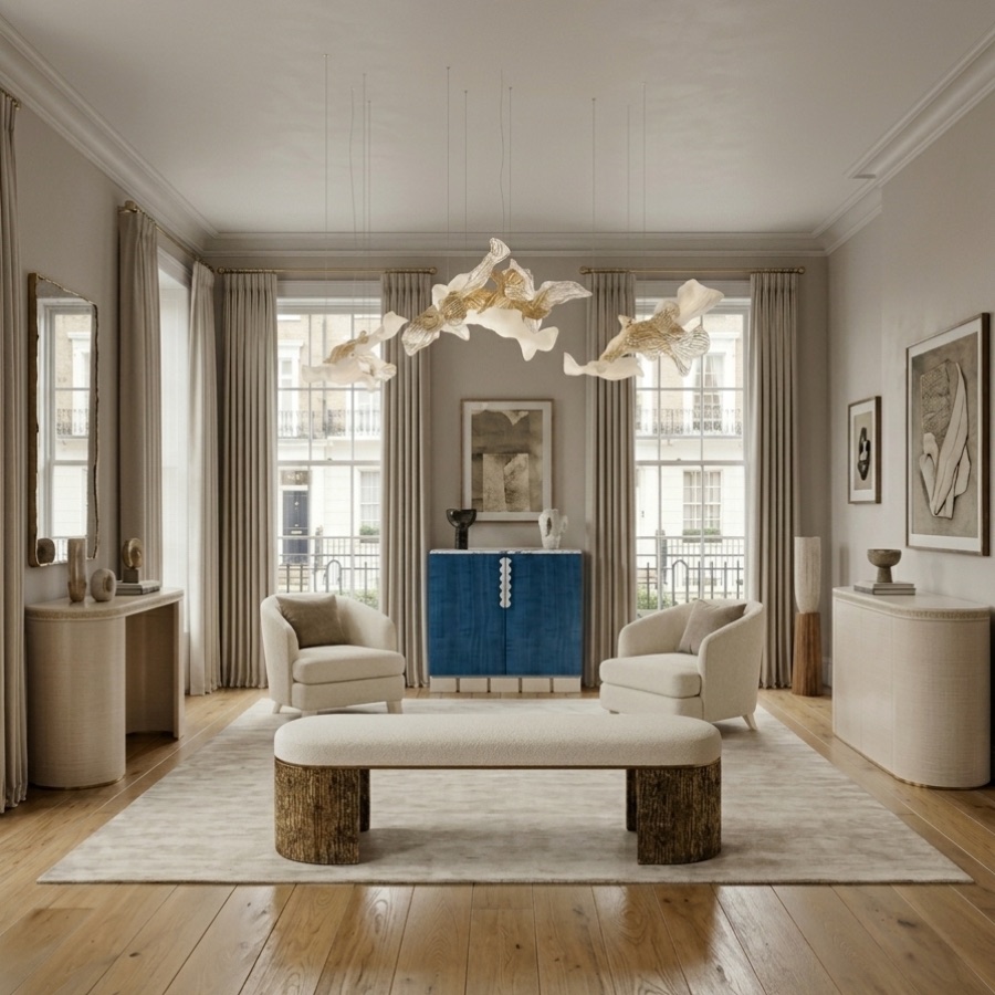 a luxury London apartment decorated in a soft neutral aesthetic featuring a a blue luxury sideboard and buffet on the centre of the room